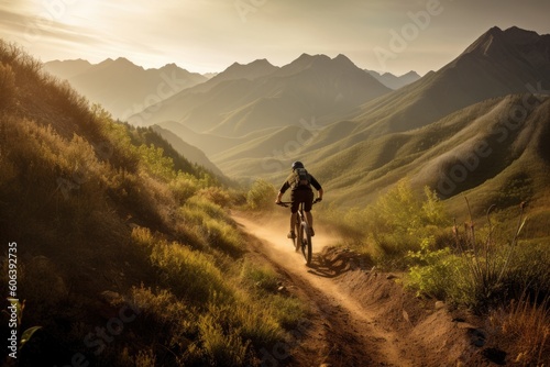 person, riding their mountain bike down winding dirt path, with majestic mountains in the background, created with generative ai © Natalia