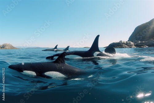 orcas swimming through crystal-clear waters  created with generative ai