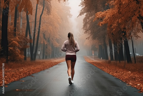 woman runner running in autumn leaves training exercise. Ai generative