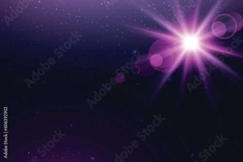 Pink lens flare on the background of the space sky with stars. Galaxy, universe with copy space for text. Vector illustration.