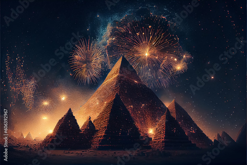 illustration of pyramid in Egypt with fireworks on night sky. AI
