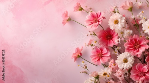 Beautiful spring flowers on pink wall, floral background with copy space for text. generative AI