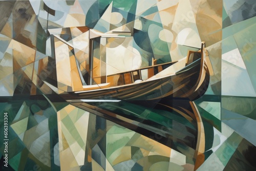 cubist painting of a boat on the water, with reflections and sunlight, created with generative ai photo
