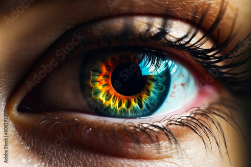 Close up detail of beautiful rainbow female eye pupil. AI generated