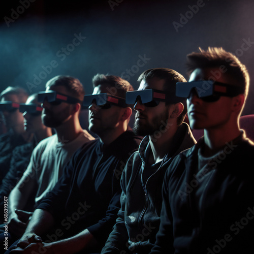 Group of men in a cinema with virtual reality 3d glasses on. Created with generative AI technology.