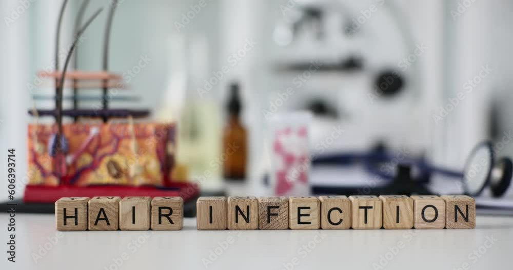 Phrase Hair Infection against model of human skin section and pills on table in hospital premise. Serious head skin disease and specialist treatment instruments Phrase Hair Infection against model of human skin section and pills on table in hospital premise. Serious head skin disease and specialist treatment instruments