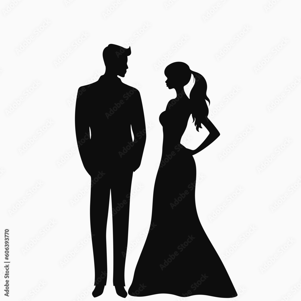 Bride and groom. Black silhouette. Vector illustration