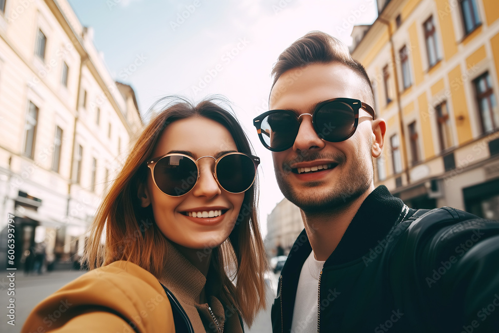 loving happy couple of travelers smile while taking selfies on trip to cities and landmarks. Generative AI loving happy couple of travelers smile while taking selfies on trip to cities and landmarks. Generative AI
