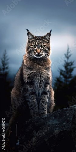 Siberian cat sitting on a rock in the forest © Lohan