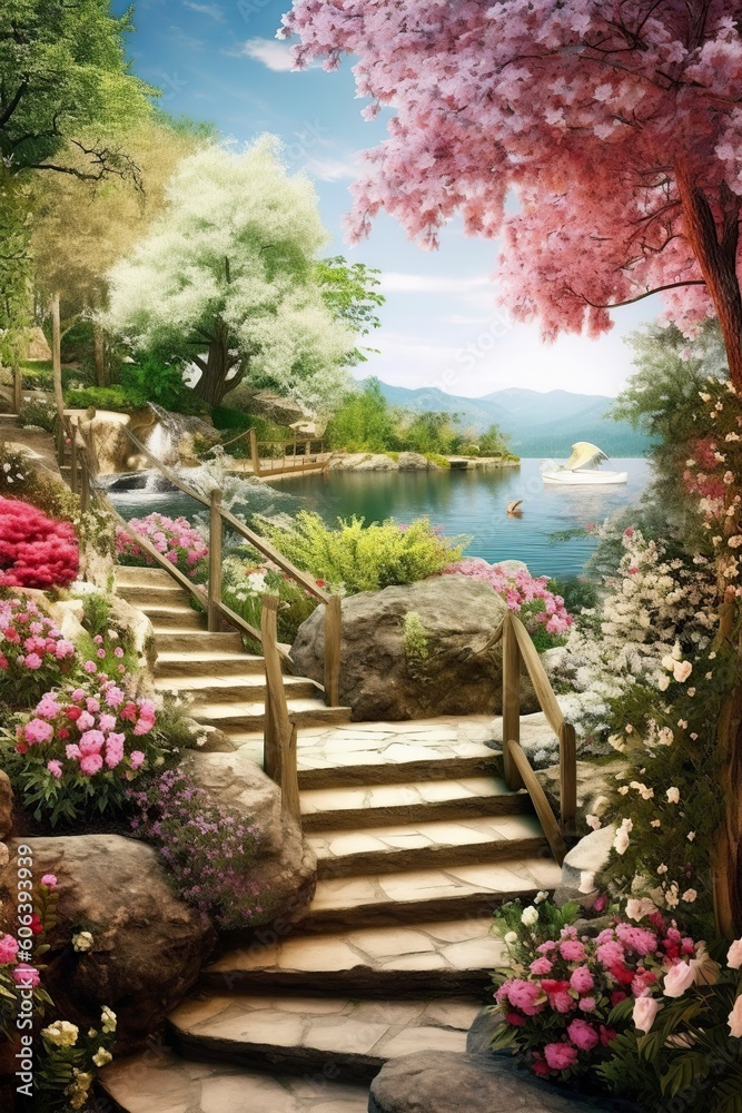 illustration, beautiful garden with flowers, petals and water, ai generative
