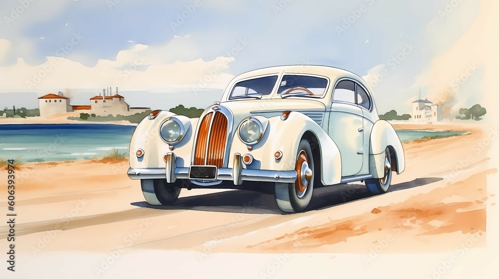Vintage car on a summer sea beach, driving along the ocean. Road trip travel. Generative AI