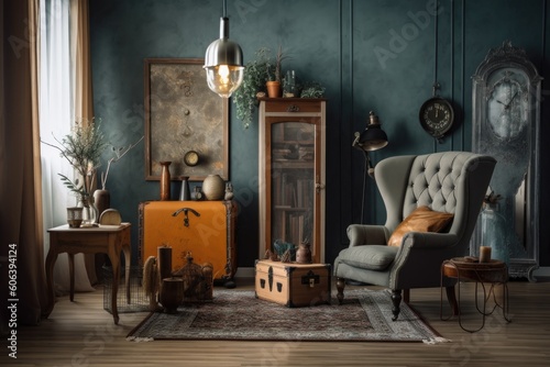 room with vintage upcycled furniture and modern accessories, created with generative ai