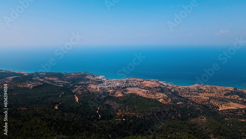 Aerial view of Esentepe, Kaplica, Bahceli villages in Kyrenia in North Cyprus on sunny day with clear sky.