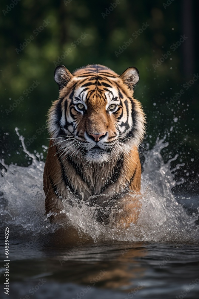 illustration, tiger running in the water, generative ai.