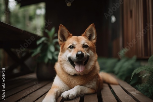 portrait of happy dog sitting on wooden deck, surrounded by greenery, created with generative ai