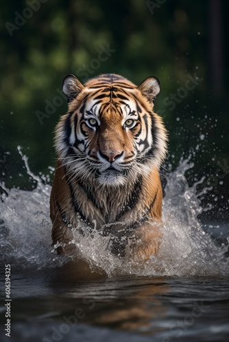 illustration, tiger running in the water, generative ai.