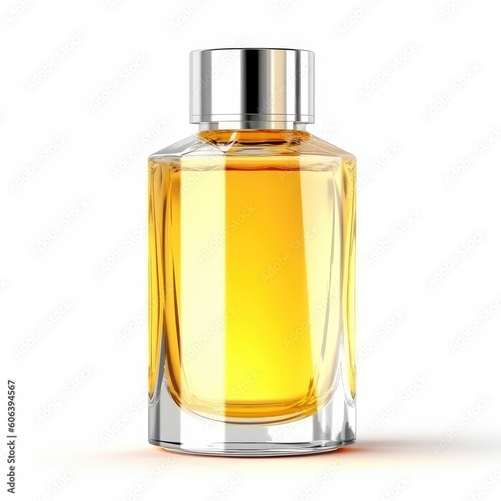 Elegant transparent bottle with yellow perfume isolated on a white background. Women's perfume. Generative AI Elegant transparent bottle with yellow perfume isolated on a white background. Women's perfume. Generative AI