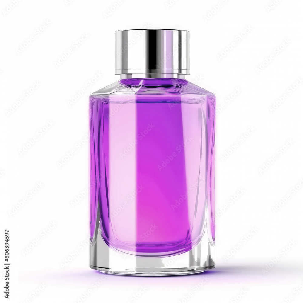 Elegant transparent bottle with purple perfume isolated on a white background. Women's perfume. Generative AI Elegant transparent bottle with purple perfume isolated on a white background. Women's perfume. Generative AI