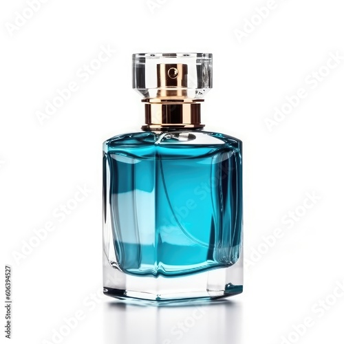 Elegant transparent bottle with blue perfume isolated on a white background. Women's perfume. Generative AI