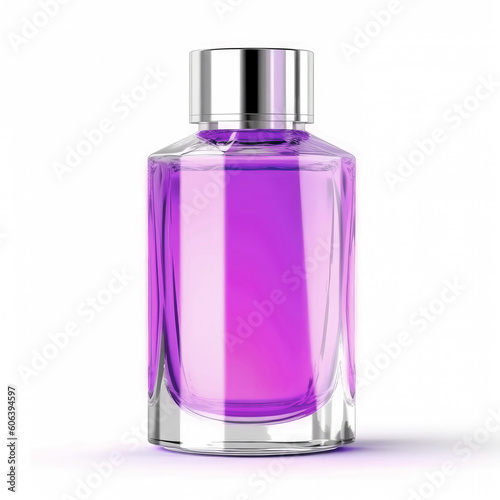 Elegant transparent bottle with purple perfume isolated on a white background. Women's perfume. Generative AI