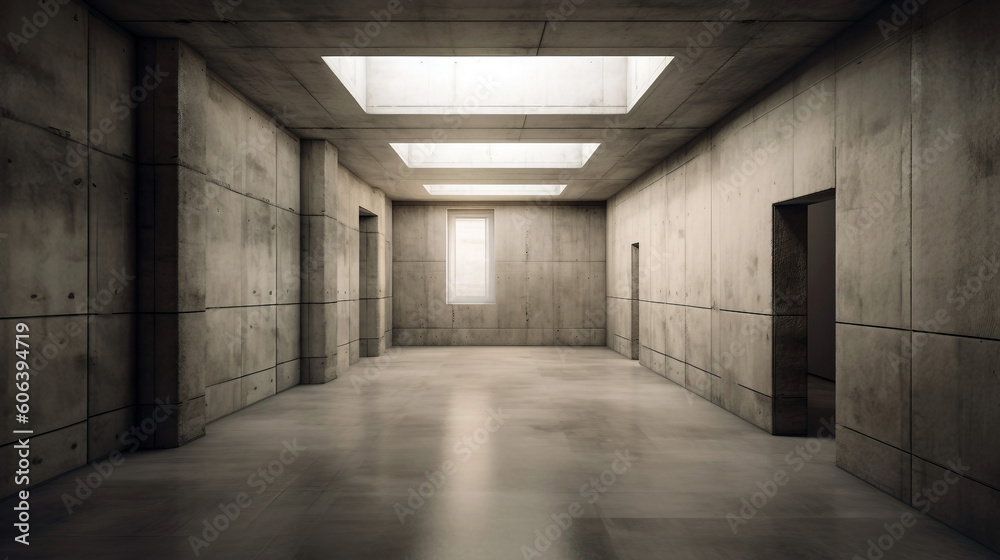 An empty corridor in a modern building with a concrete floor and wall, generative ai illustration