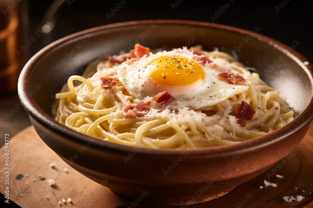Close up view of steaming bowl of spaghetti carbonara with egg yolk, parmesan, bacon. AI generated. Close up view of steaming bowl of spaghetti carbonara with egg yolk, parmesan, bacon. AI generated.
