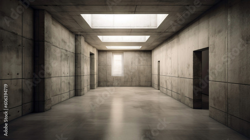 An empty corridor in a modern building with a concrete floor and wall, generative ai illustration