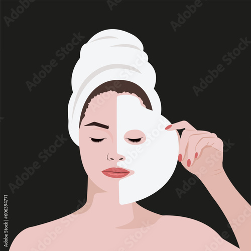 Vector illustration with a young flat girl making cosmetic facial procedures with a towel on the head. Face mask, skincare, treatment. Woman self care concept