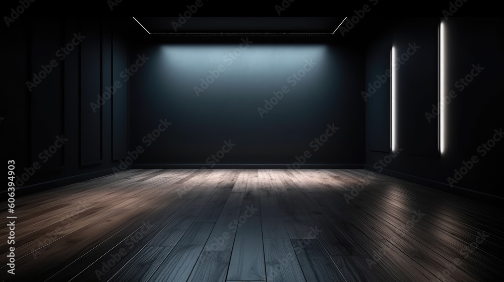 A shadow from a window in an empty room with black walls. Design and interior of the room. Generative AI