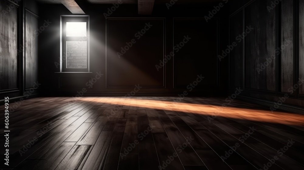 A shadow from a window in an empty room with black walls. Design and interior of the room. Generative AI A shadow from a window in an empty room with black walls. Design and interior of the room. Generative AI