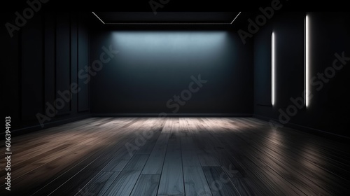A shadow from a window in an empty room with black walls. Design and interior of the room. Generative AI ©  AKA-RA