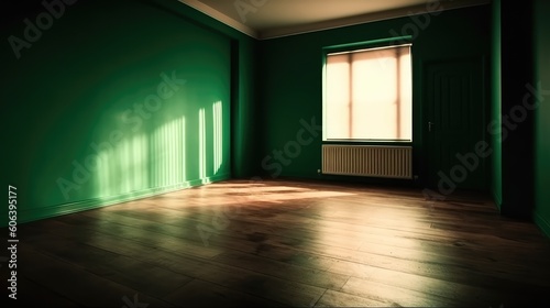 A shadow from a window in an empty room with green walls. Design and interior of the room. Generative AI