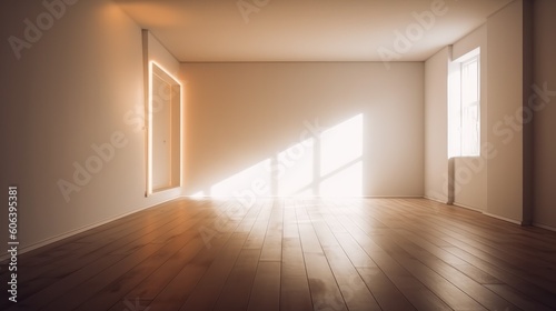 A shadow from a window in an empty room with light walls. Design and interior of the room. Generative AI