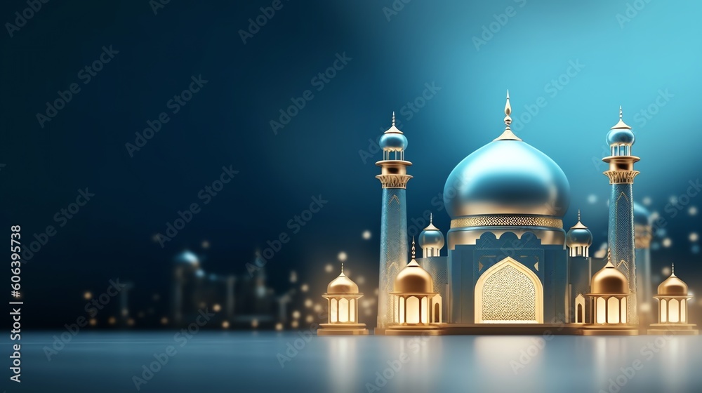 Eid mubarak lantern and mosque decoration illustration for background template. Ai generative