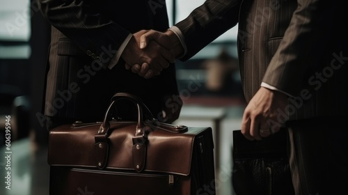 Businessmen shake hands. The suitcase is on the table. Agreement on the transaction. Generative AI