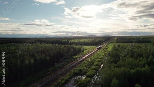 Aerial View of Swedish Commuter Train in Sunset, Summer, Comming towards the camera photo