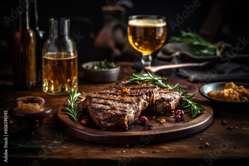 Grilled Meat With Herbs Served With Glass of Beer. AI generated.