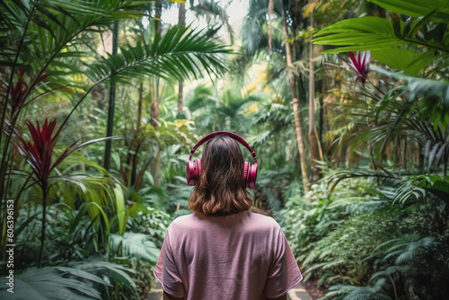 Woman from behind, wearing headphones in the rain forest. Generative ai 