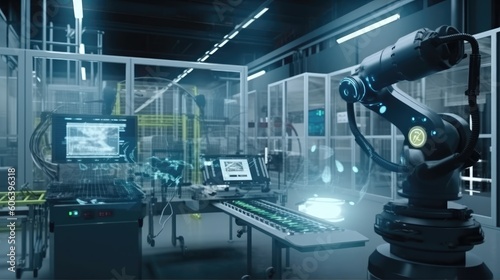 Smart industry robot arm, digital factory production technology showing automation manufacturing process of the Industry. The concept of production by robots. Generative AI