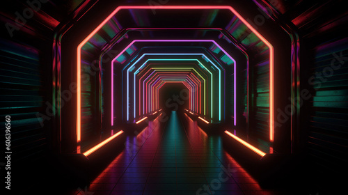 Abstract background, futuristic stage with glowing neon lights, generative ai illustration