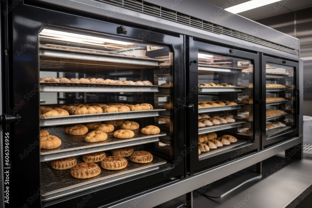 temperature-controlled holding cabinet with plates of freshly baked pastries, created with generative ai