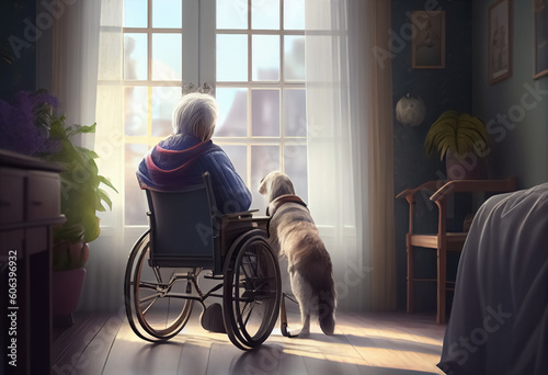 illustration of an old person sitting on wheelchair near window with dog. ai © terra.incognita