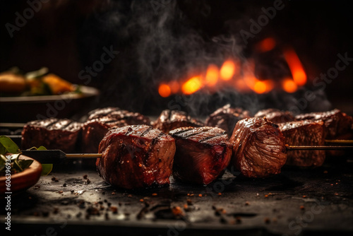 Brazilian barbecue served with picanha steak on charcoal barbecue. AI generated.