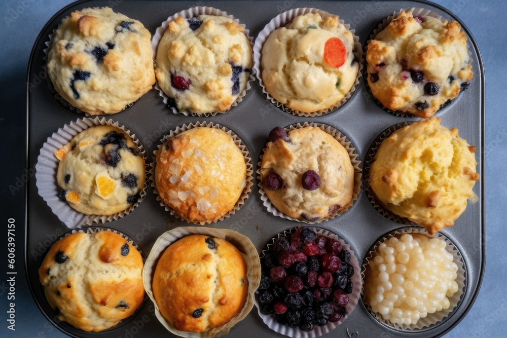 muffin tin filled with an assortment of scones and muffins for tea-time treats, created with generative ai