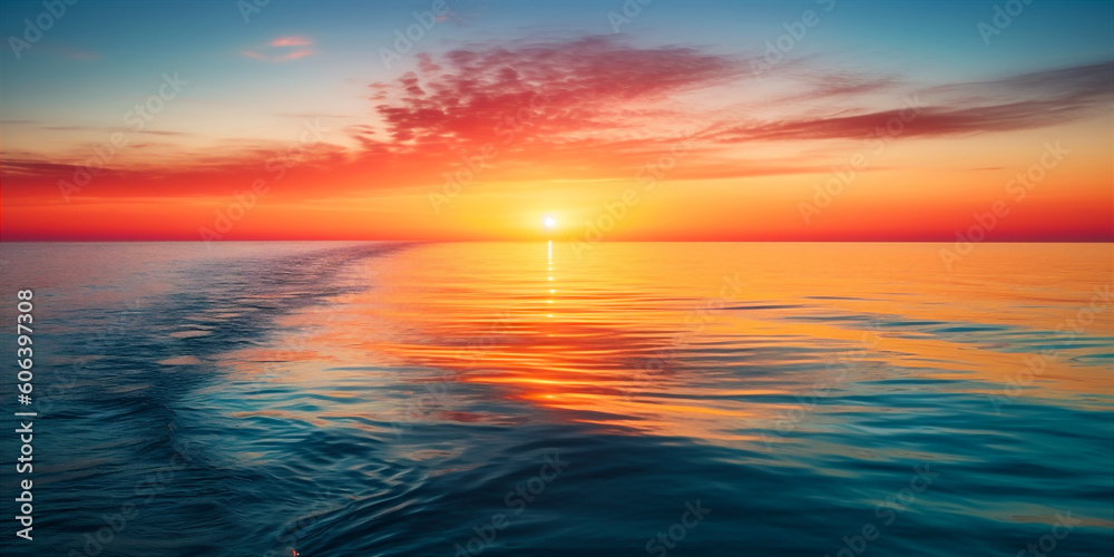 Breathtaking view of the colourful sunset over calm ocean. AI generated.