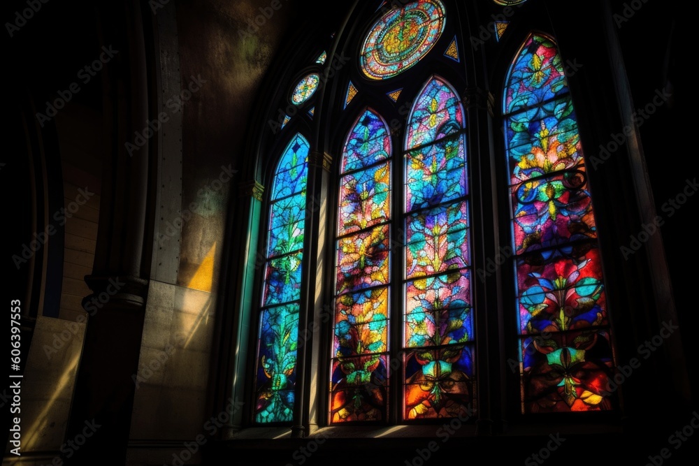 the dramatic effect of colorful light shining through a stained-glass window, created with generative ai