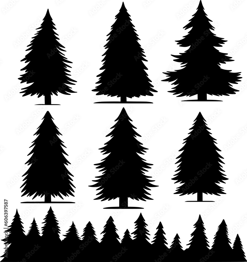 vintage trees and forest silhouettes set
