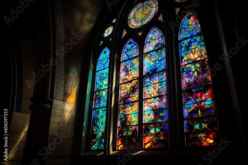 the dramatic effect of colorful light shining through a stained-glass window, created with generative ai