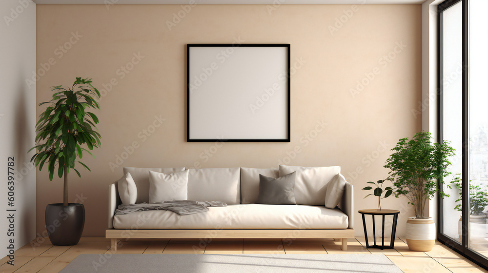 Modern Interior Design with Blank Mockup Frame Poster, 3D Render, 3D Illustration Modern Interior Design with Blank Mockup Frame Poster, 3D Render, 3D Illustration