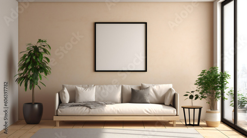 Modern Interior Design with Blank Mockup Frame Poster, 3D Render, 3D Illustration © Roman P.